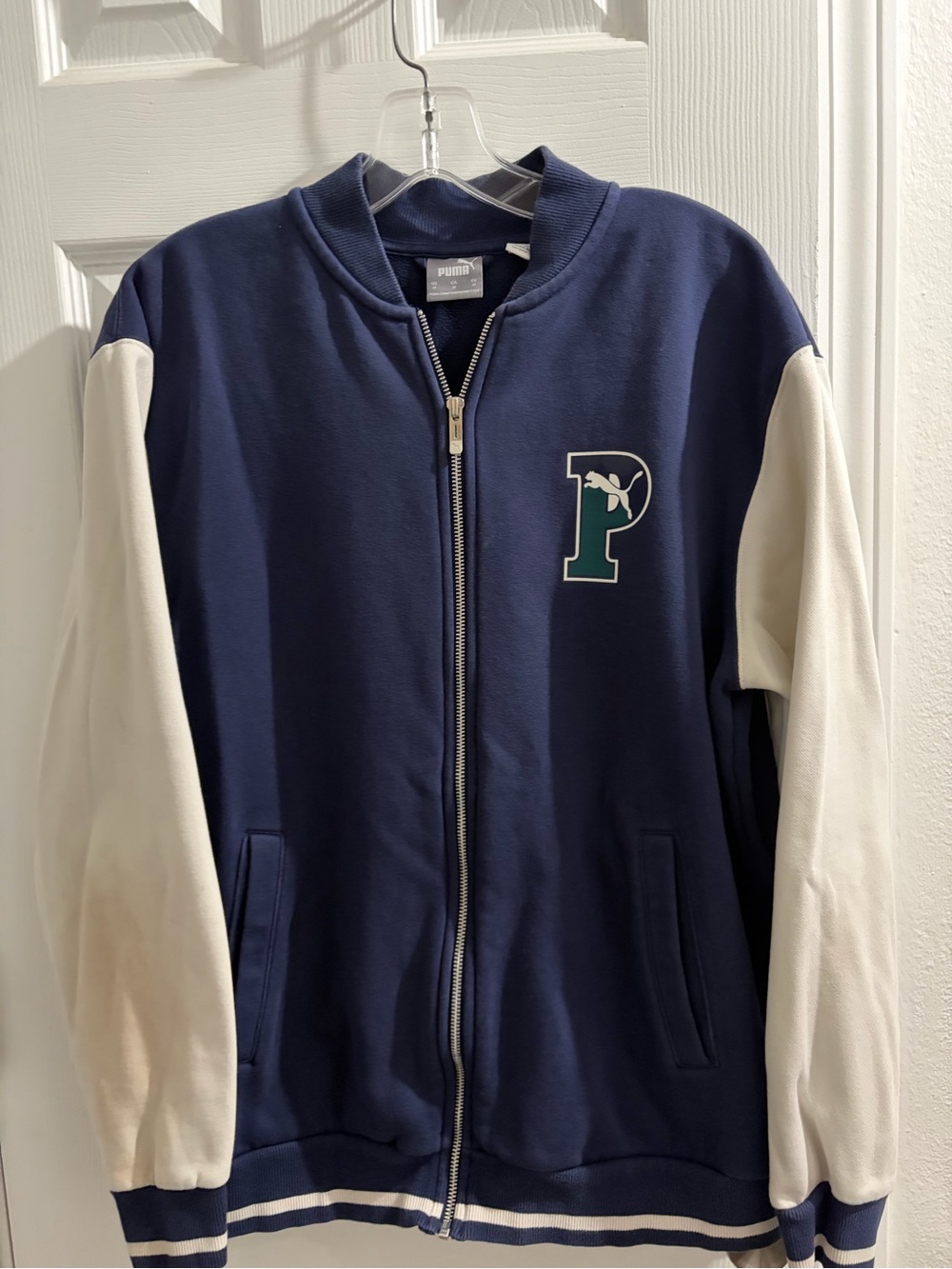 Puma Navy and White Kids Zip-Front Varsity Jacket with Green Logo
